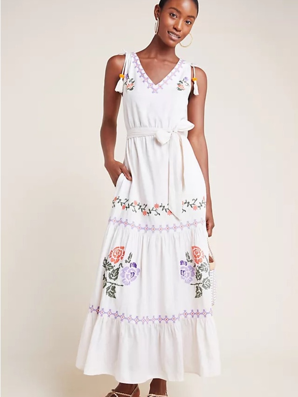 Anthropologie Laia Embroidered Maxi Dress with Tassels and Belt